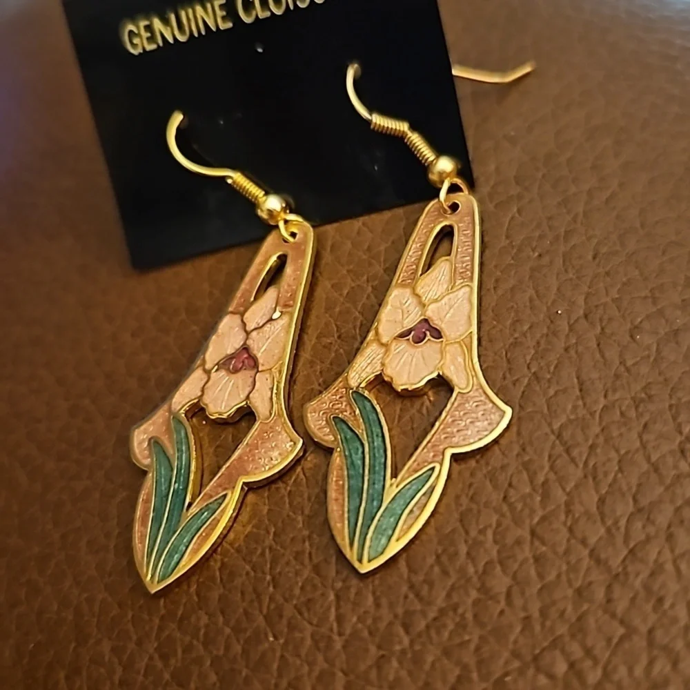 Vintage 1970s Cloisonne Floral Iris Long Dangle Hook Art Deco Earrings